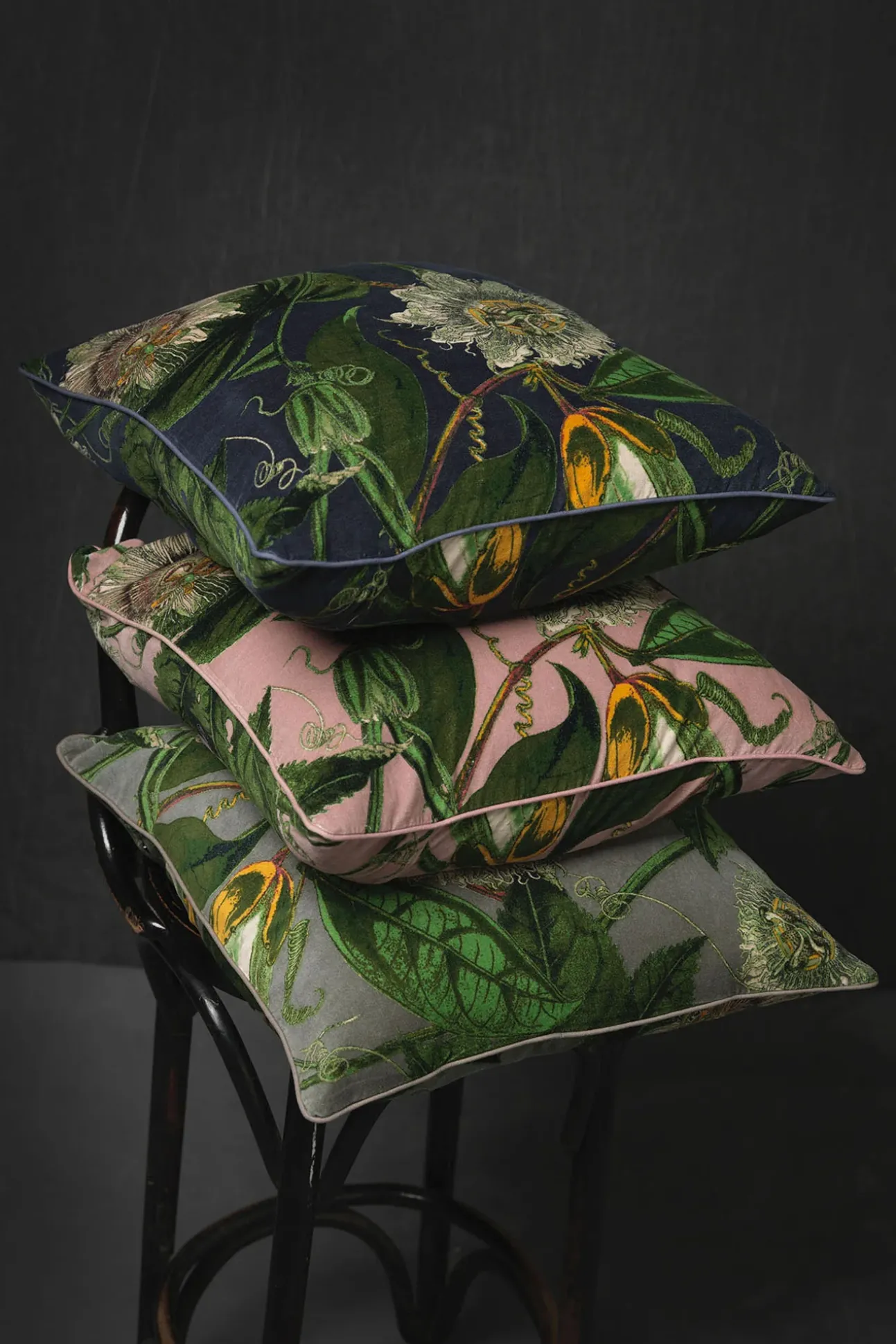 Kew Passion Flower Stone Velvet Square Cushion